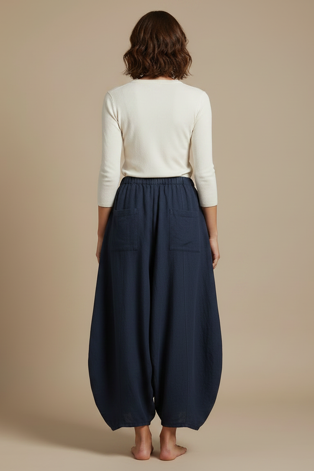 Pantalon Jupe Ample Lin Coton Bleu Marine Femme - vue 2