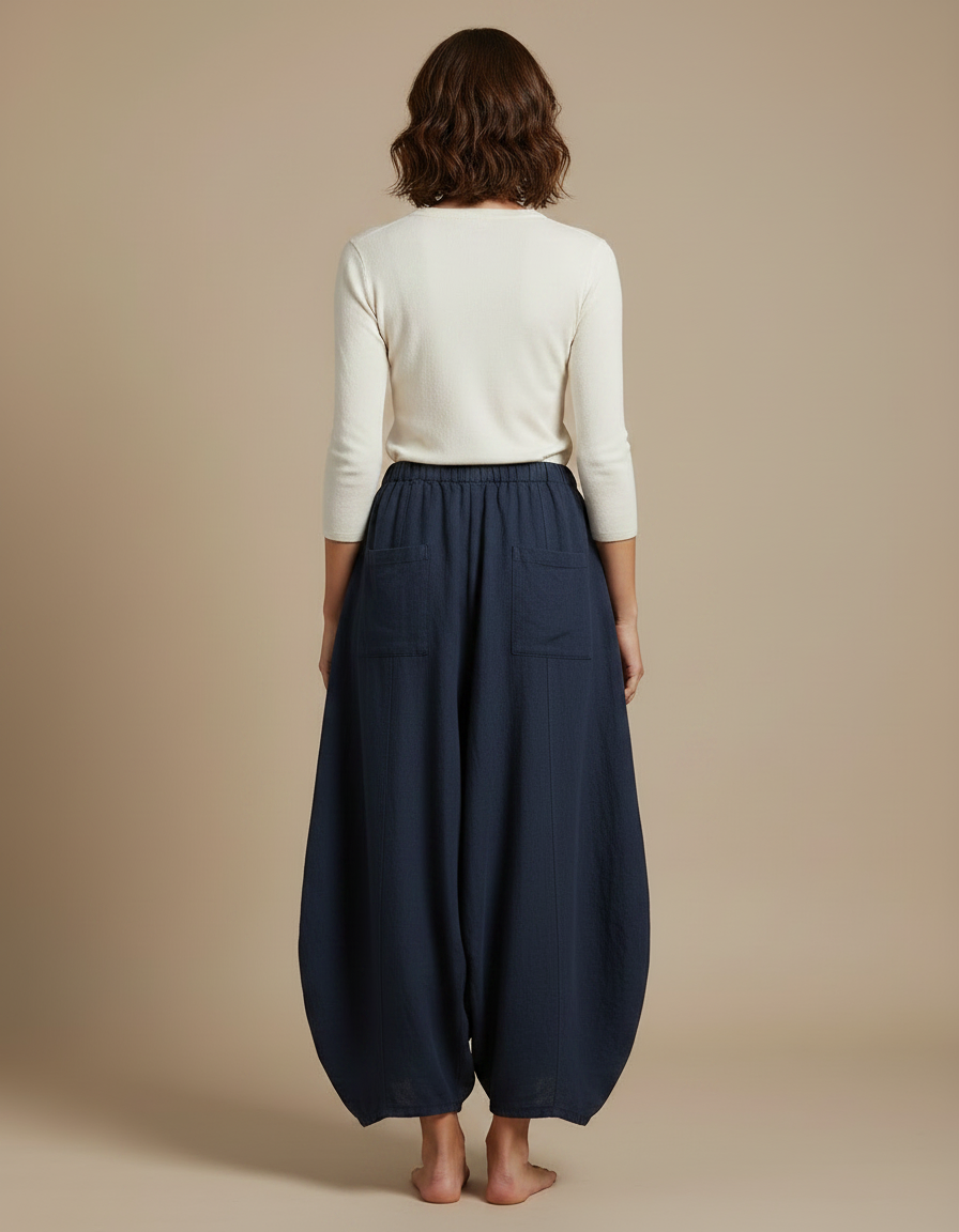 Pantalon Jupe Ample Lin Coton Bleu Marine Femme - vue 2