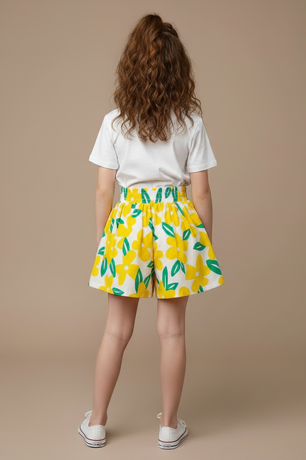Pantalon Jupe Blanc Fleurs Jaunes Ample Fille - Multicolore Coton - vue 2