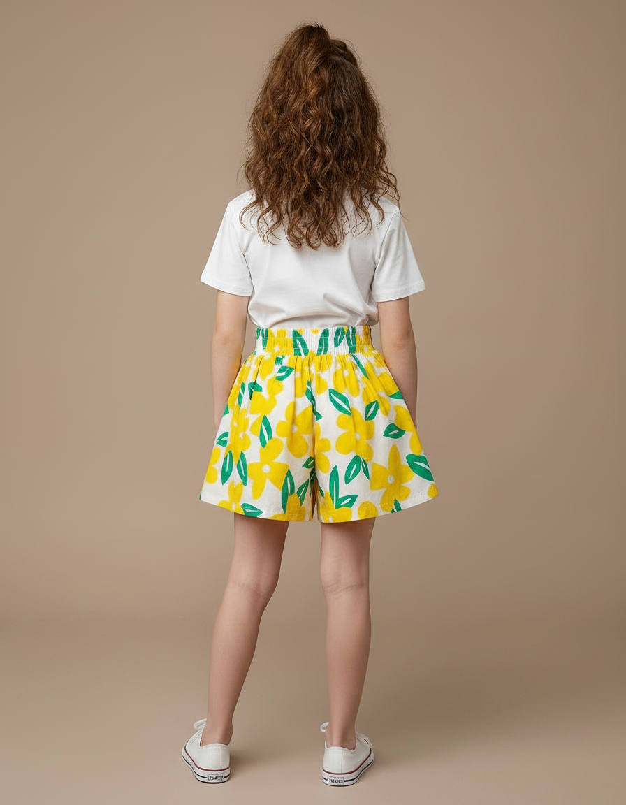 Pantalon Jupe Blanc Fleurs Jaunes Ample Fille - Multicolore Coton - vue 2