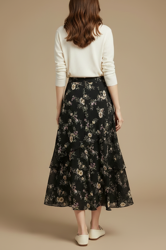 Pantalon Jupe Noir Fleuri Chiffon Volants Fluide Élégant - Viscose - vue 2