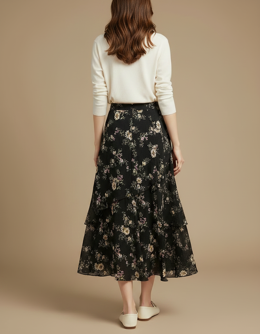 Pantalon Jupe Noir Fleuri Chiffon Volants Fluide Élégant - Viscose - vue 2