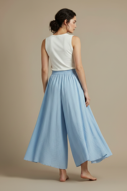 Pantalon Jupe Bleu Ciel Ample Fluide Lin Coton - vue 2