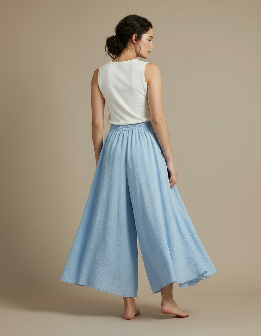 Pantalon Jupe Bleu Ciel Ample Fluide Lin Coton - vue 2
