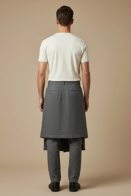 Pantalon Jupe Gris Lin Drapé Asymétrique Homme - vue 2