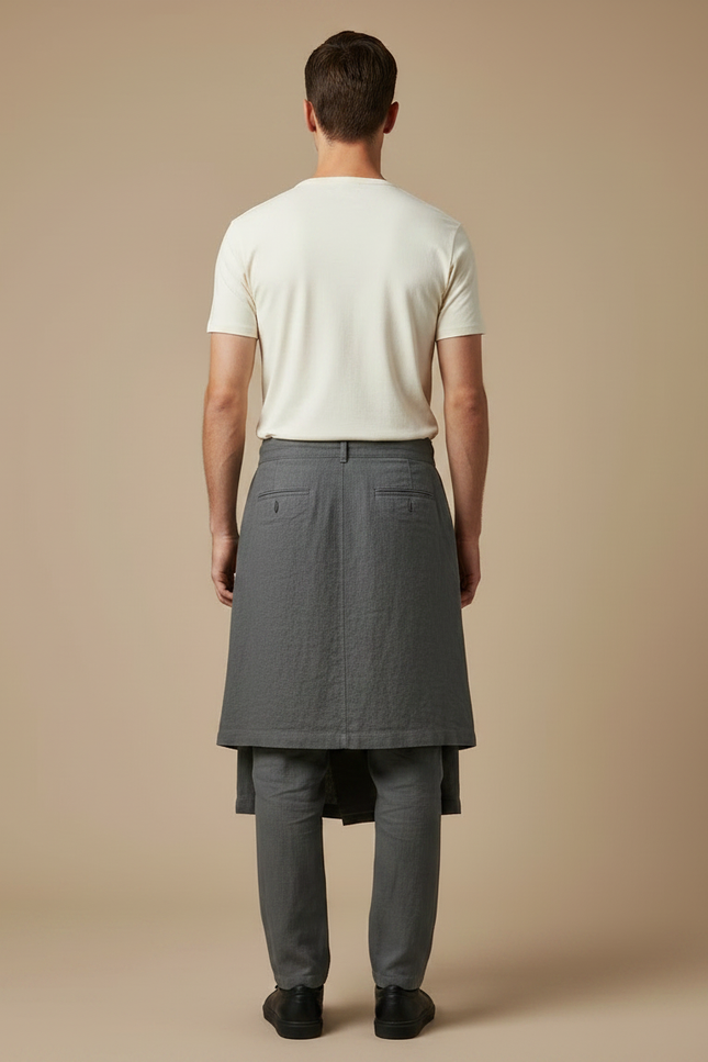 Pantalon Jupe Gris Lin Drapé Asymétrique Homme - vue 2