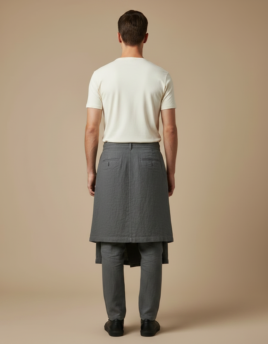 Pantalon Jupe Gris Lin Drapé Asymétrique Homme - vue 2