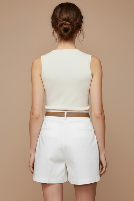 Pantalon Jupe Blanc Ceinturé Boutons Latéraux Décontracté - Coton - vue 2
