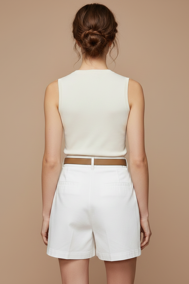 Pantalon Jupe Blanc Ceinturé Boutons Latéraux Décontracté - Coton - vue 2
