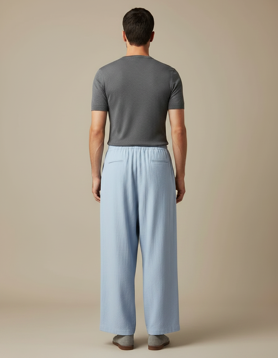 Pantalon Jupe Bleu Ciel Ample Plissé Fluide Homme - Lin - vue 2