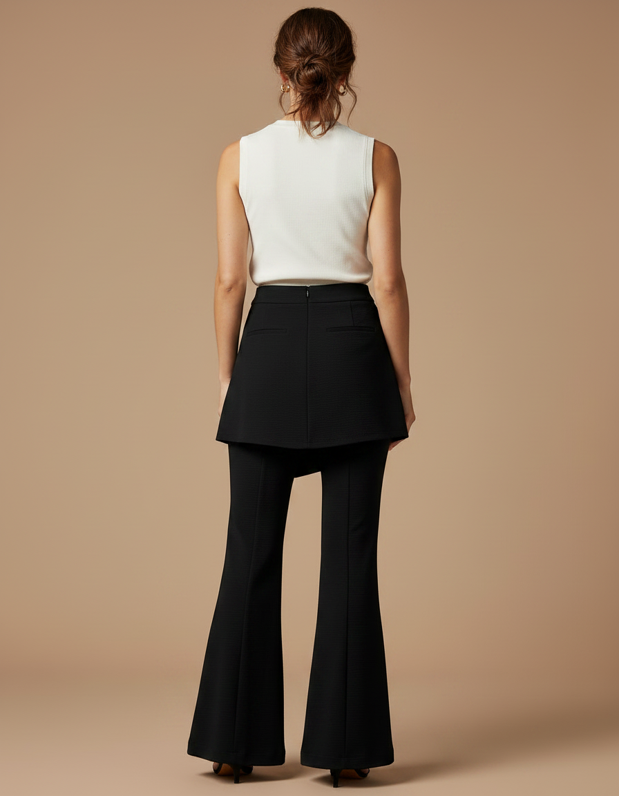 Pantalon Jupe Noir Évasé Asymétrique Élégant Texturé - Maille - vue 2