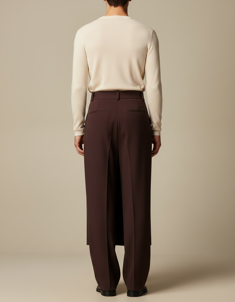Pantalon Jupe Marron Plissé Superposé Élégant Fluide - Polyester - vue 2