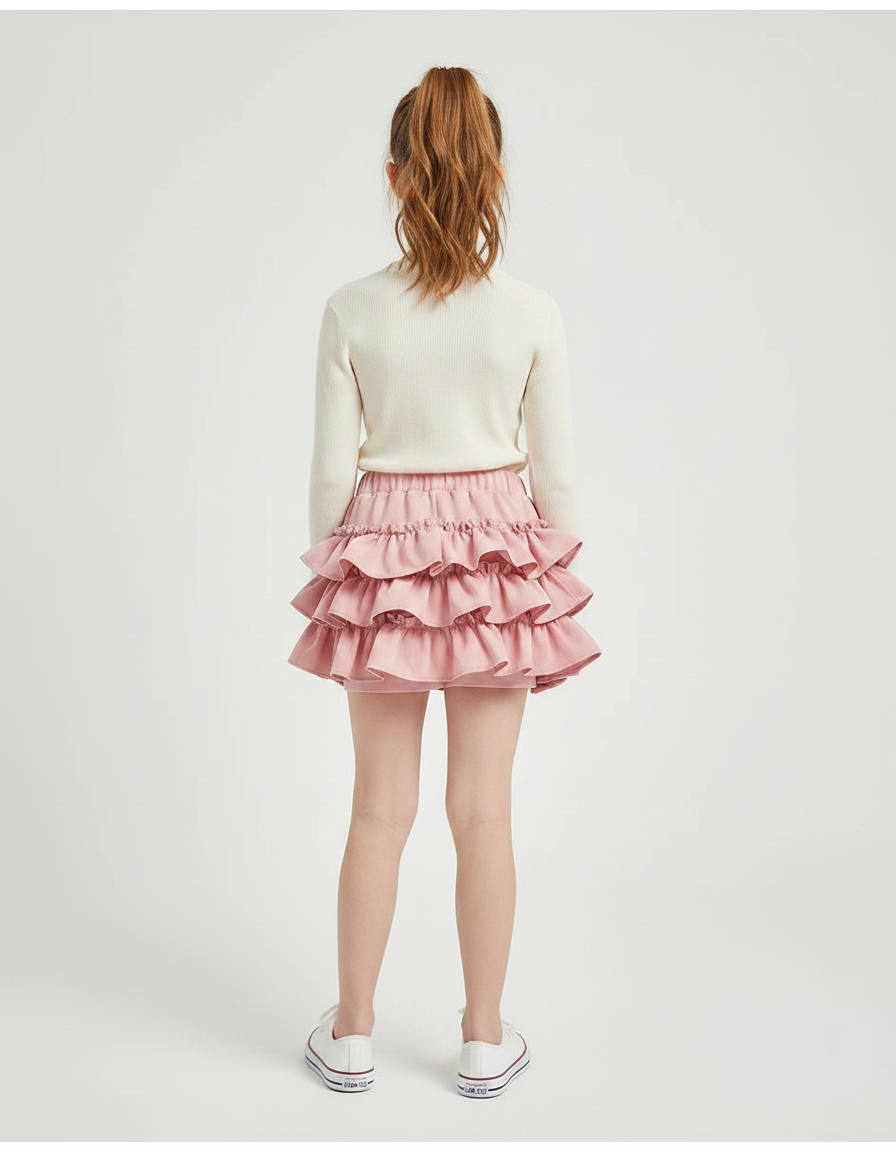 Pantalon Jupe Rose Volants Superposés Fille Mignon - Coton - vue 2