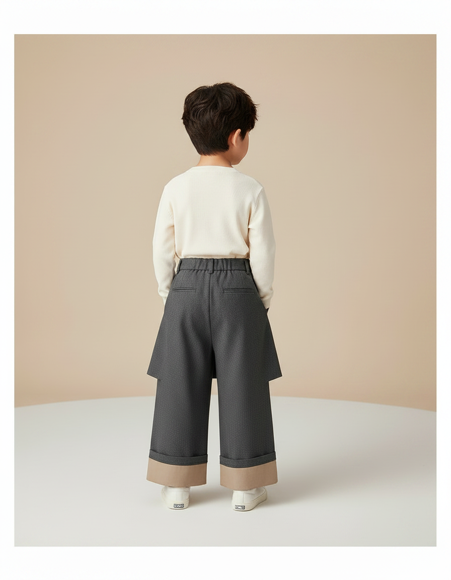 Pantalon Jupe Gris Plissé Ample Garçon Élégant - Tweed - vue 2