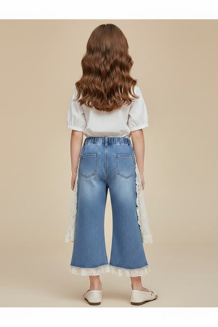 Pantalon Jupe Denim Bleu Dentelle Évasé Fille - Jean - vue 2