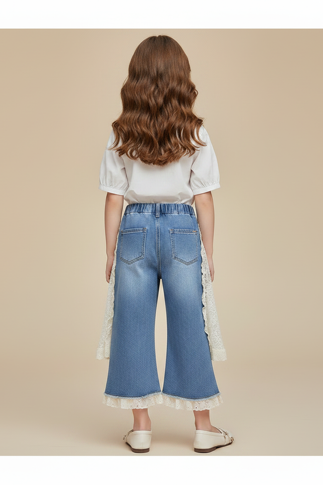 Pantalon Jupe Denim Bleu Dentelle Évasé Fille - Jean - vue 2