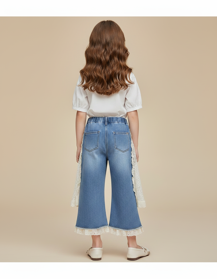 Pantalon Jupe Denim Bleu Dentelle Évasé Fille - Jean - vue 2