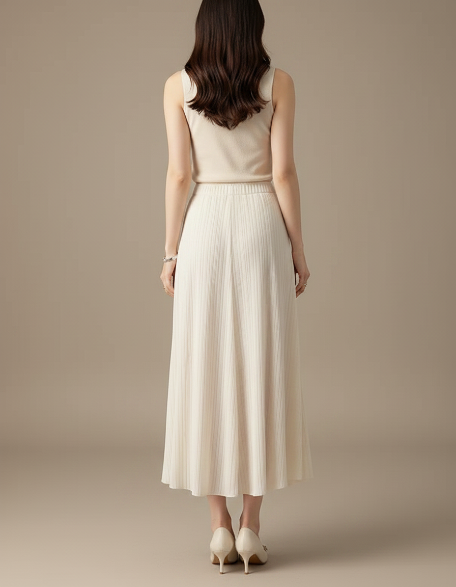 Pantalon Jupe Crème Plissé Fluide Long Élégant - Beige Maille - vue 2