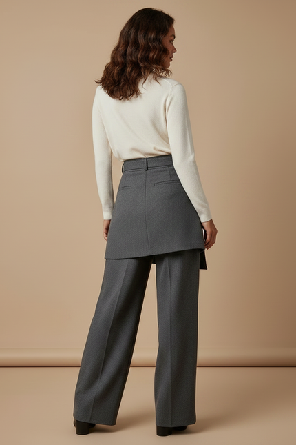 Pantalon Jupe Gris Élégant Plissé Large Ceinturé - Gabardine - vue 2