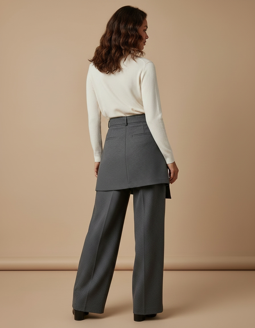 Pantalon Jupe Gris Élégant Plissé Large Ceinturé - Gabardine - vue 2