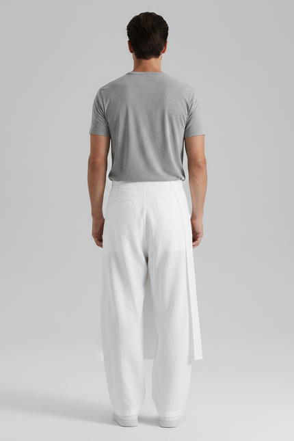Pantalon Jupe Blanc Coton Lin Ample Asymétrique Décontracté - vue 2