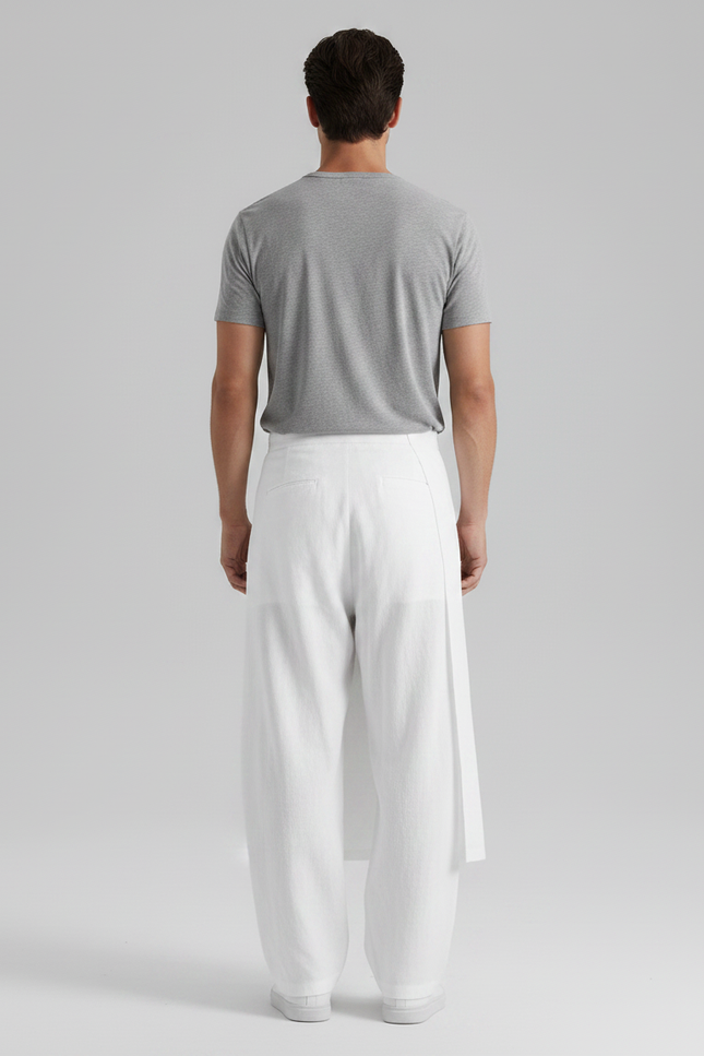 Pantalon Jupe Blanc Coton Lin Ample Asymétrique Décontracté - vue 2