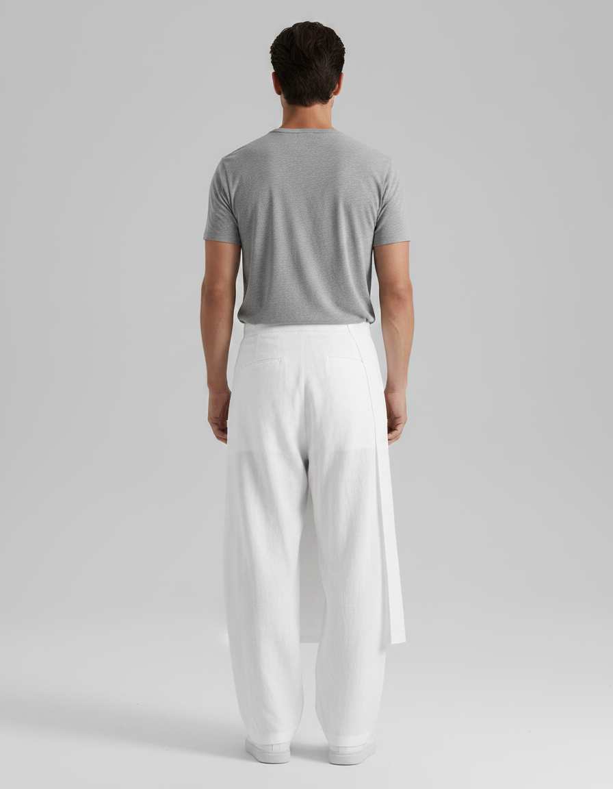 Pantalon Jupe Blanc Coton Lin Ample Asymétrique Décontracté - vue 2