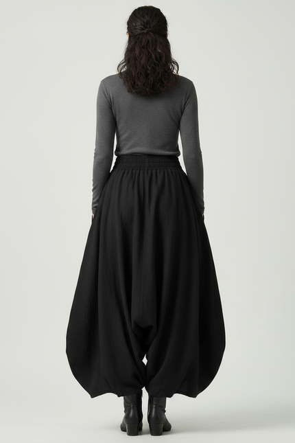 Pantalon Jupe Noir Ample Superposé Élastique Femme Élégant - Lin - vue 2