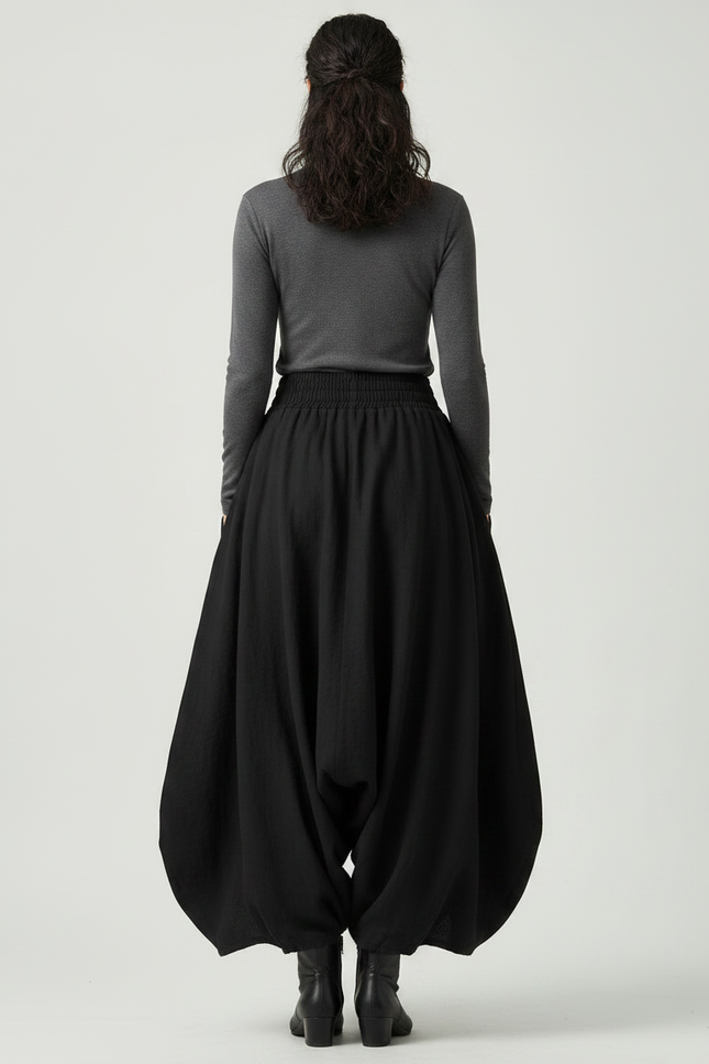 Pantalon Jupe Noir Ample Superposé Élastique Femme Élégant - Lin - vue 2