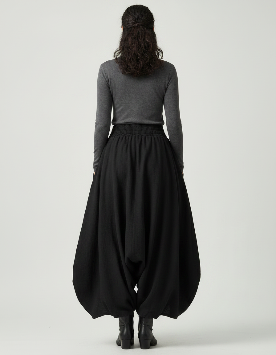 Pantalon Jupe Noir Ample Superposé Élastique Femme Élégant - Lin - vue 2