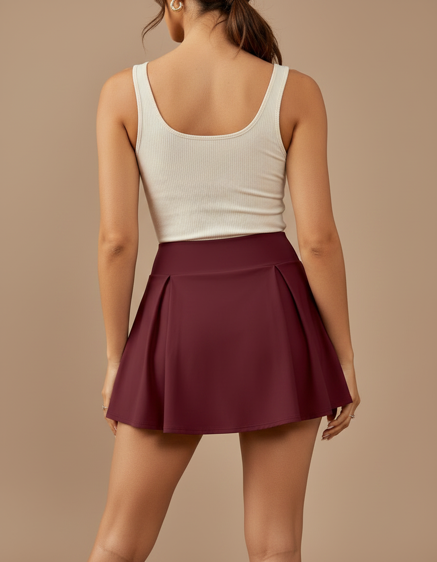 Pantalon Jupe Bordeaux Plissé Évasé Court Chic - Polyester - vue 2