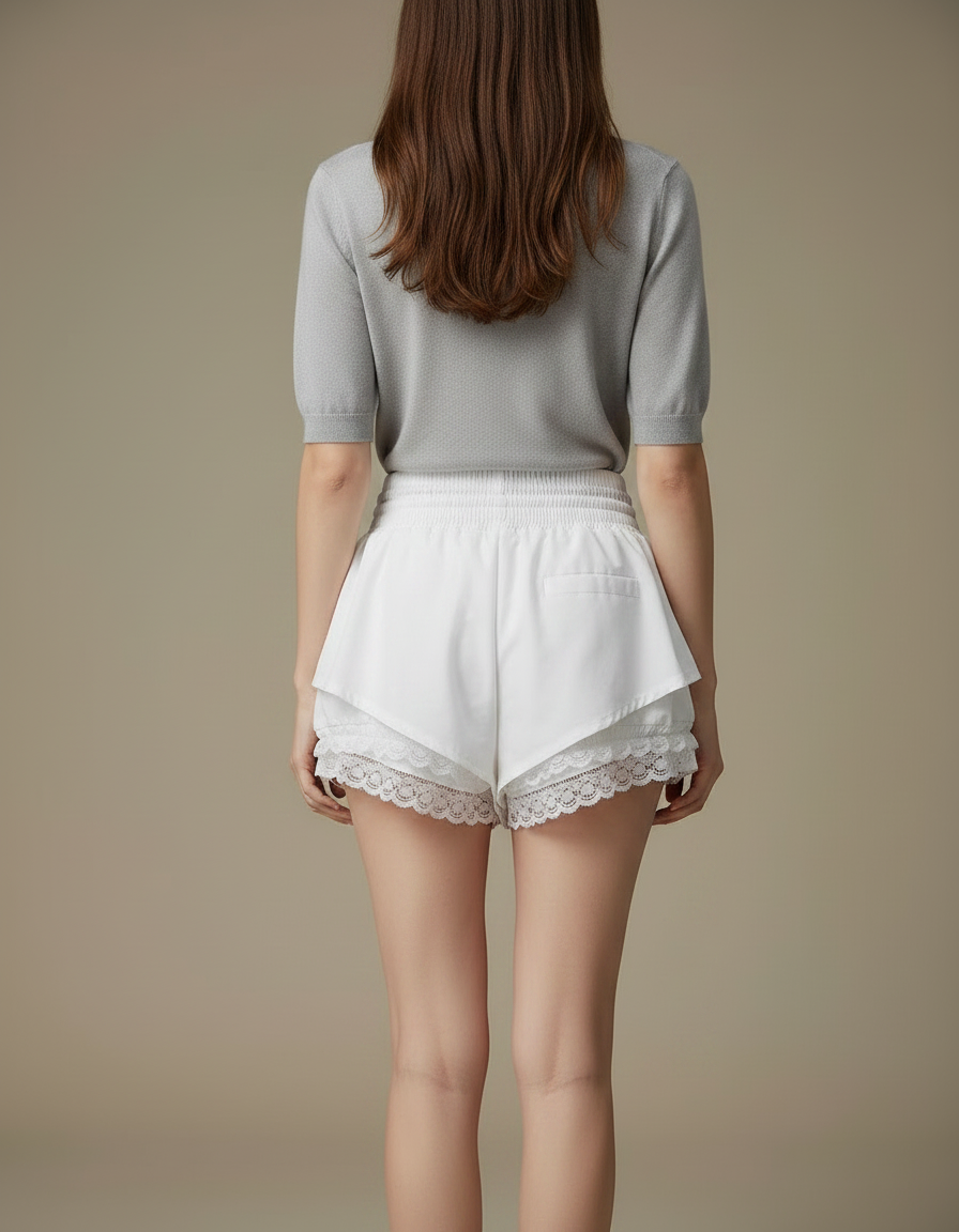 Pantalon Jupe Blanc Volants Dentelle Cordon Décontracté - Polyester - vue 2