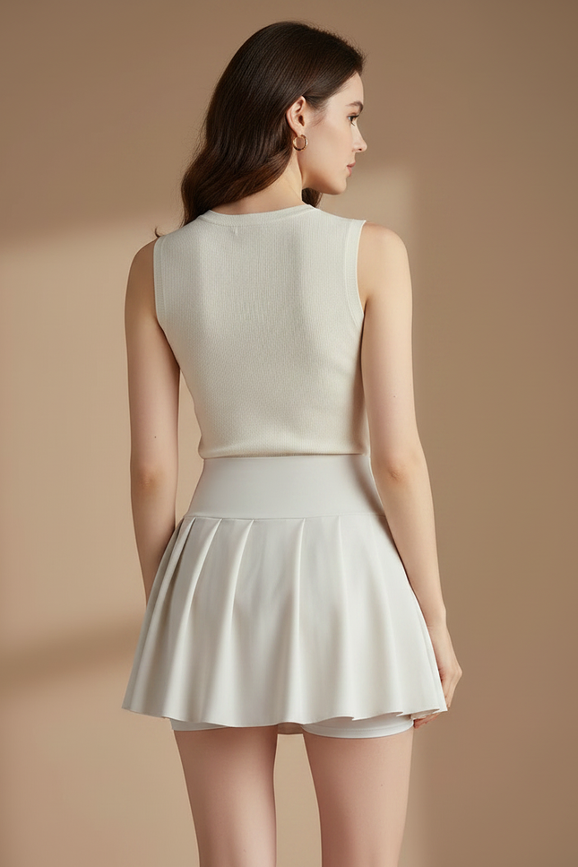 Pantalon Jupe Plissé Blanc Élégant Court Intégré - Polyester - vue 2