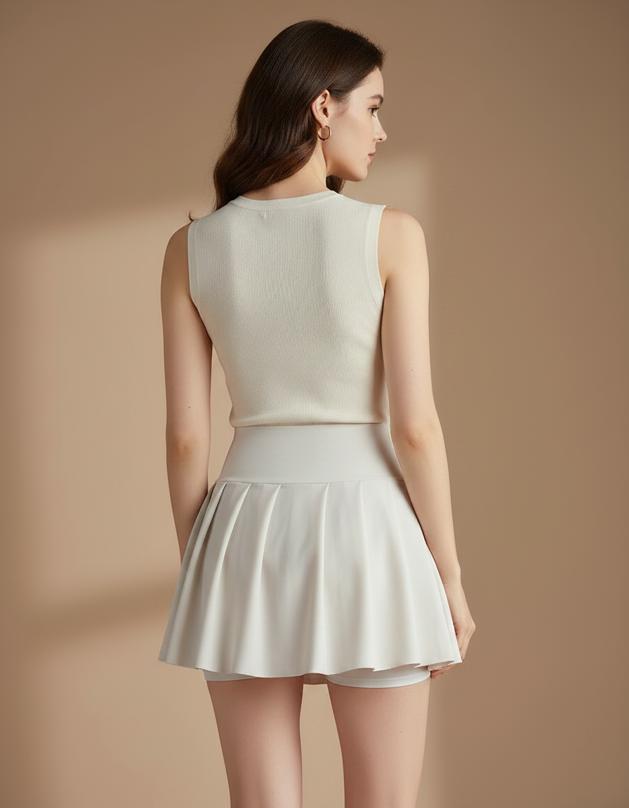 Pantalon Jupe Plissé Blanc Élégant Court Intégré - Polyester - vue 2