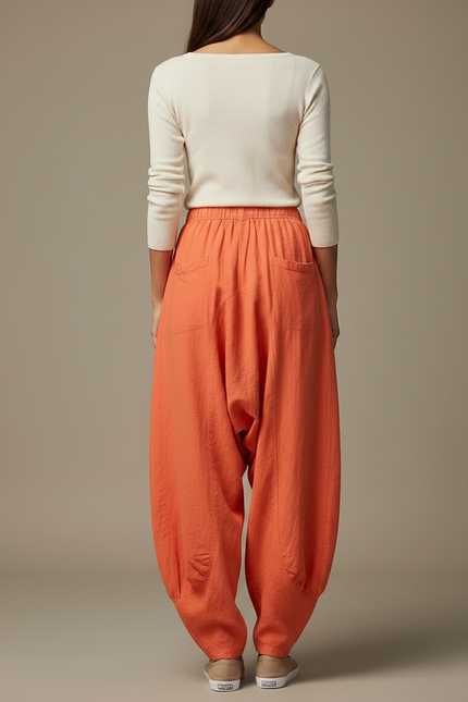 Pantalon Jupe Orange Ample Lin Coton Confortable - vue 2
