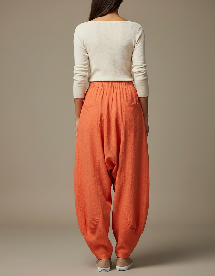 Pantalon Jupe Orange Ample Lin Coton Confortable - vue 2