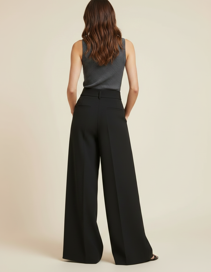 Pantalon Jupe Noir Ample Plissé Fendu Élégant - Gabardine - vue 2