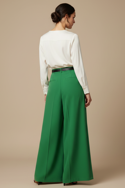 Pantalon Jupe Vert Plissé Long Élégant Fluide - Satin - vue 2
