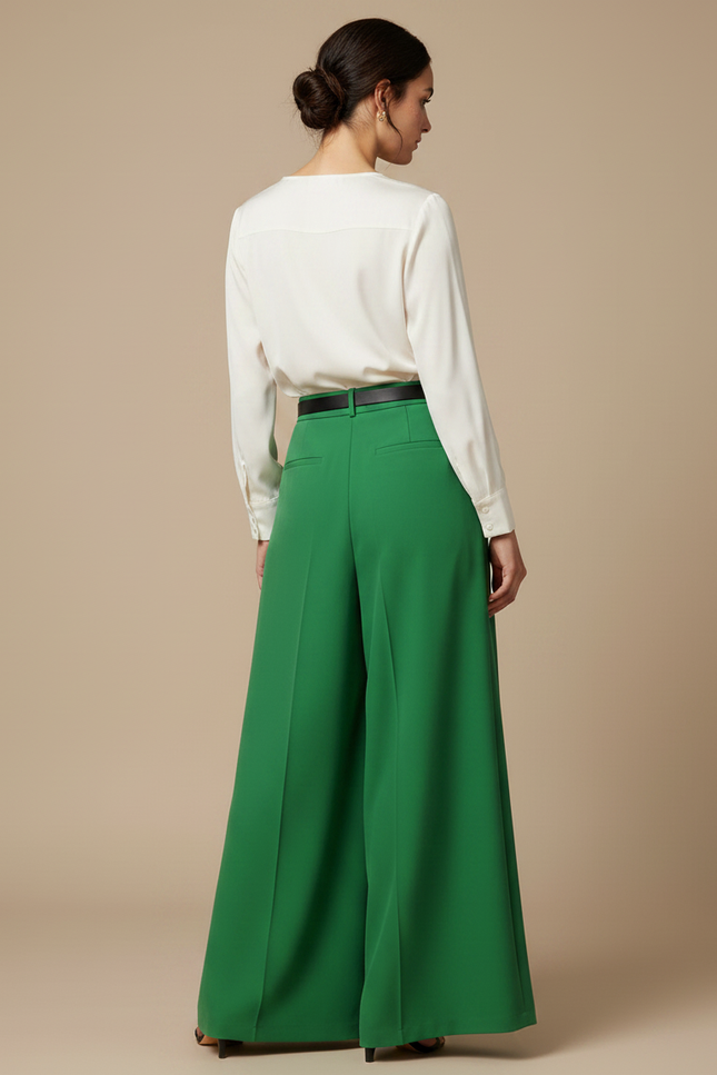 Pantalon Jupe Vert Plissé Long Élégant Fluide - Satin - vue 2