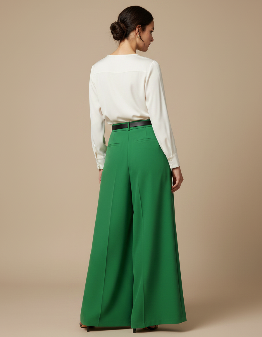 Pantalon Jupe Vert Plissé Long Élégant Fluide - Satin - vue 2