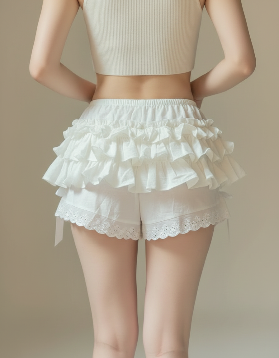 Pantalon Jupe Blanc Volants Dentelle Élastique Kawaii - Coton - vue 2