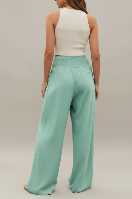 Pantalon Jupe Vert Menthe Ample Fluide Smocké Décontracté - Viscose - vue 2