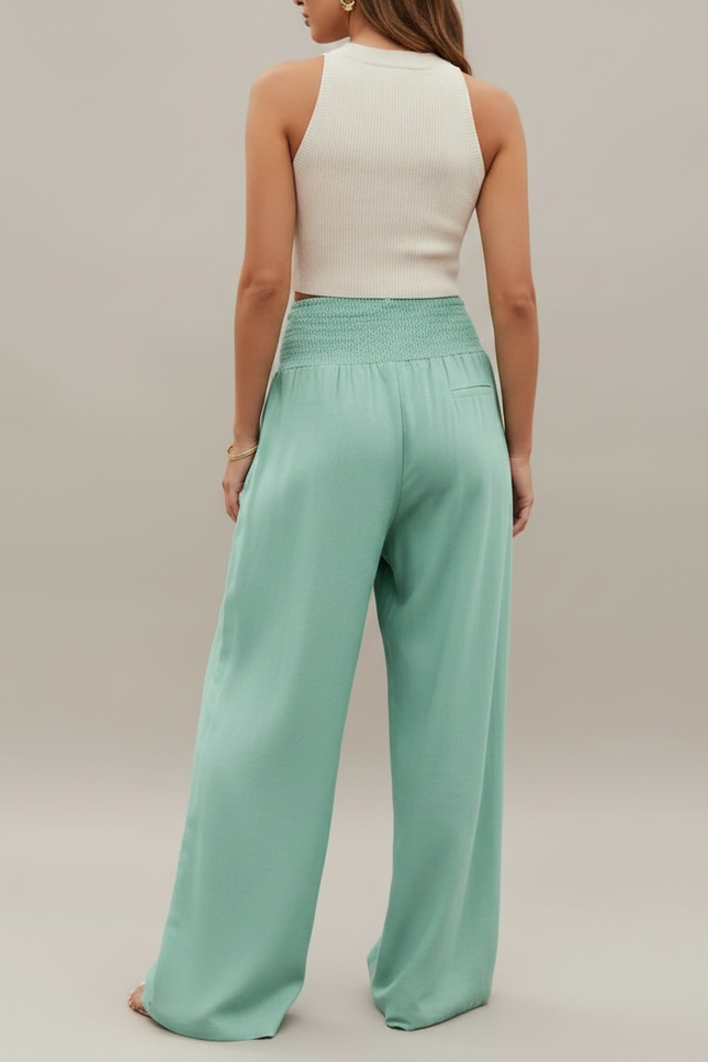 Pantalon Jupe Vert Menthe Ample Fluide Smocké Décontracté - Viscose - vue 2