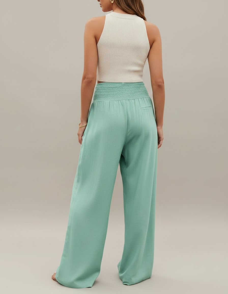 Pantalon Jupe Vert Menthe Ample Fluide Smocké Décontracté - Viscose - vue 2