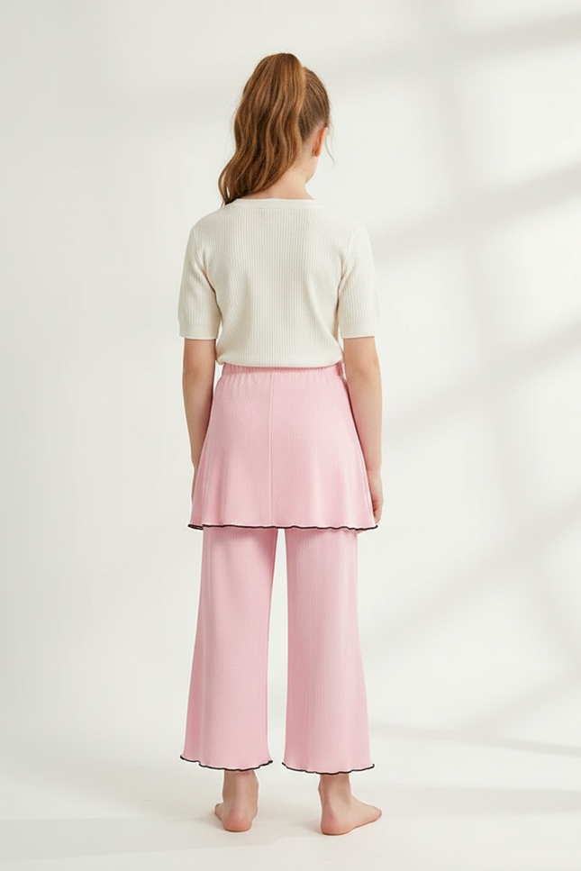 Pantalon Jupe Rose Côtelé Ondulé Ample Fille - Maille - vue 2