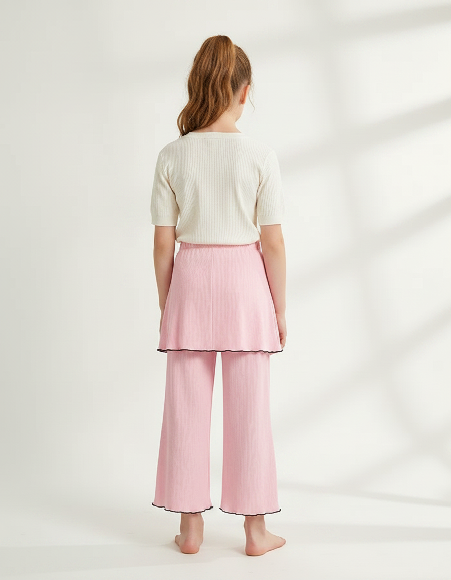 Pantalon Jupe Rose Côtelé Ondulé Ample Fille - Maille - vue 2