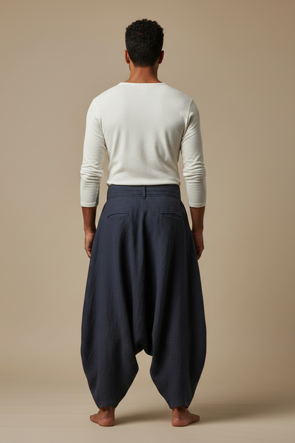 Pantalon Jupe Homme Ample Lin Plissé Asymétrique Bleu - Marine - vue 2