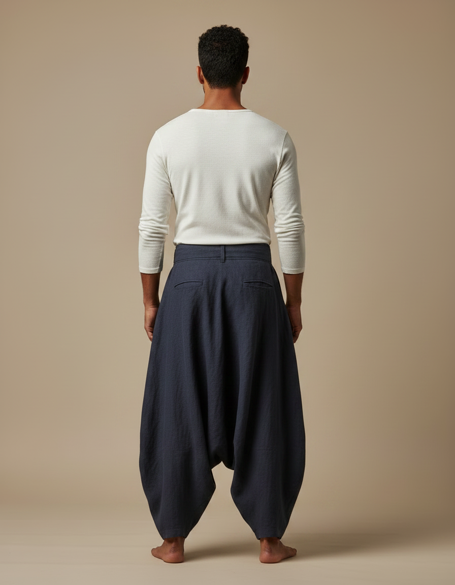 Pantalon Jupe Homme Ample Lin Plissé Asymétrique Bleu - Marine - vue 2