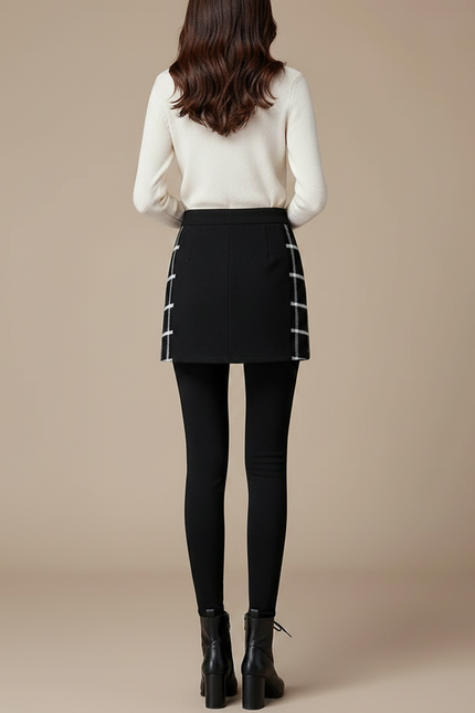 Pantalon Jupe Noir Carreaux Chaud Hiver Élégant - Maille - vue 2