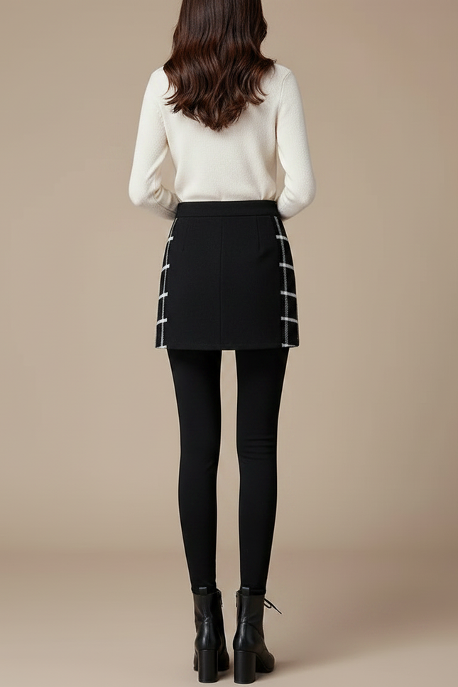 Pantalon Jupe Noir Carreaux Chaud Hiver Élégant - Maille - vue 2